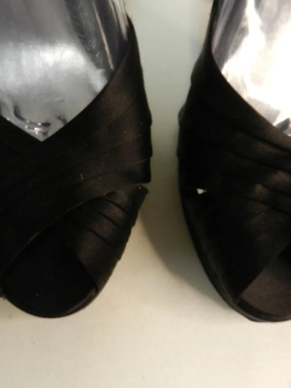 Stuart Weitzman Satin Leather Crystal Buckle black slingback peep toe heels 9.5